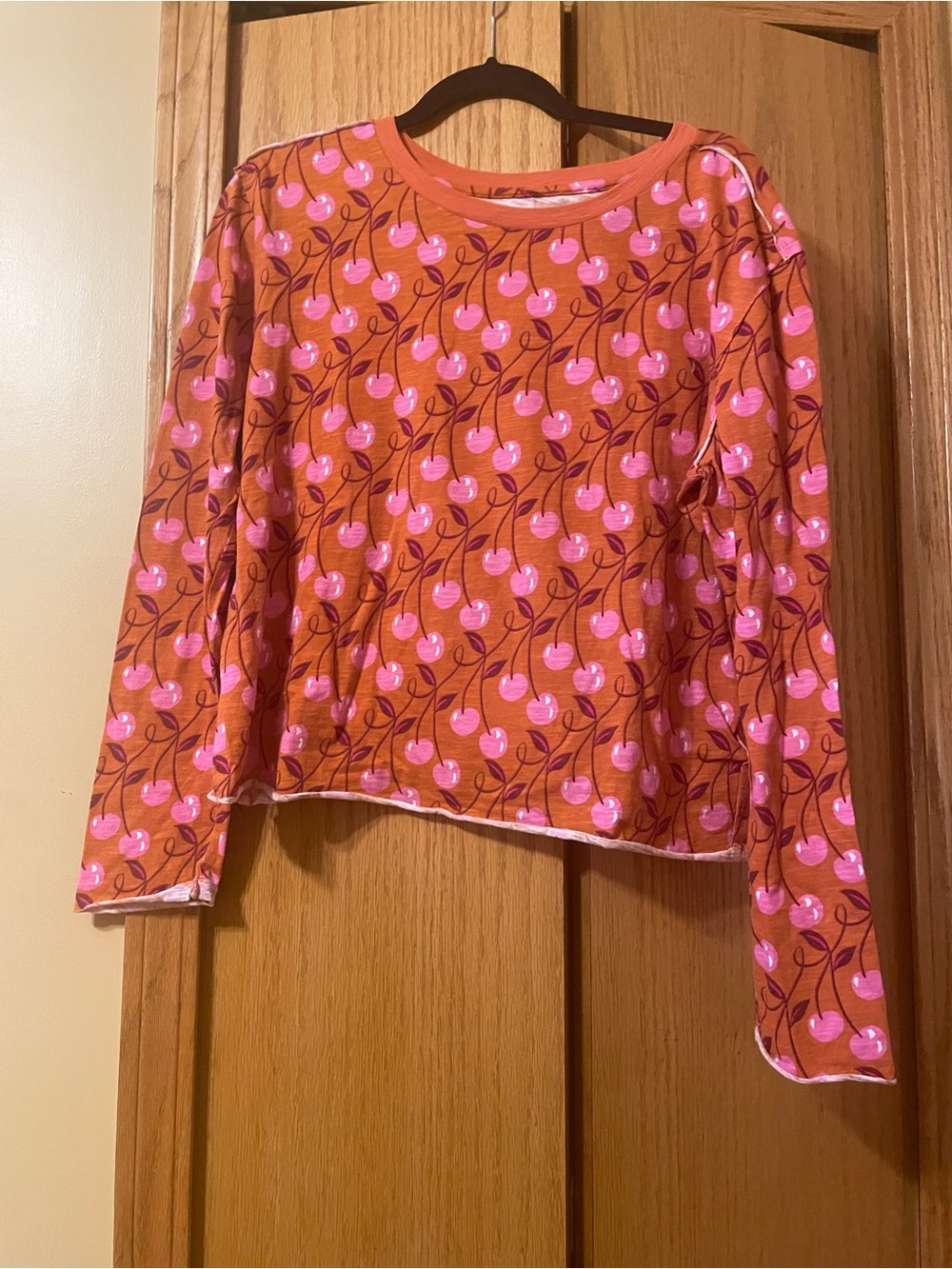 Anthropologie Maeve Burnt Orange Long-Sleeve Tee with Pink Cherry Print